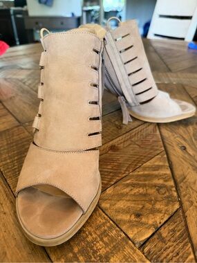 Taupe Suede Cutout Peep-Toe Heeled Booties